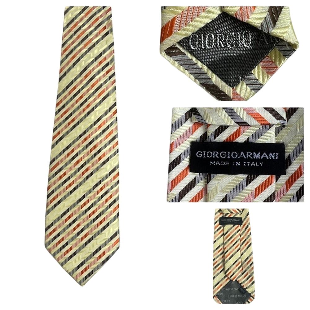 Giorgio Armani Silk Neck Tie Tan Orange Beige Diagonals Hand Made In Italy